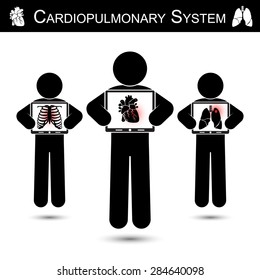 Cardiopulmonary System .  Human hold monitor screen and show imaging of Skeleton ( chest injury ) , Heart ( Myocardial Infarction ) , Lung ( Pulmonary Tuberculosis )    ( CPR concept ) infographic