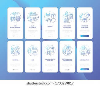 Cardiovascular disease causes onboarding mobile app page screen with concepts set. Unhealthy lifestyle walkthrough 5 steps graphic instructions. UI vector template with RGB color illustrations