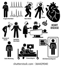 Cardiovascular Disease Heart Attack Coronary Artery Illness Symptoms Causes Risk Factors Diagnosis Stick Figure Pictogram Icons