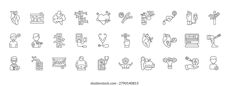 Cardiovascular Disease Icon set Collection in Line Style.  heart, artery, stroke, veins, pulse, cholesterol, oxygen