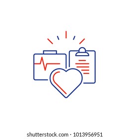 Cardiovascular disease prevention program, heart diagnostic, medical insurance policy concept logo, medicine protection, check up clip board, suite of services, vector mono line icon