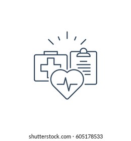 Cardiovascular disease prevention program, heart diagnostic, medical insurance policy concept logo, medicine protection, check up clip board, suite of services, vector mono line icon