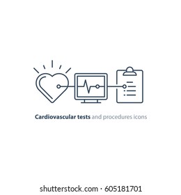 Cardiovascular disease prevention test, heart diagnostic, electrocardiography logo, medical monitor screen, undergo ecg procedure, check up hypertension risk, vector mono line icon