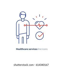 Cardiovascular Disease Prevention Test, Heart Diagnostic, Electrocardiography Logo, Medical Monitor Screen, Undergo Ecg Procedure, Check Up Hypertension Risk, Vector Mono Line Icon