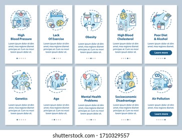 Cardiovascular Disease Risk Factors Onboarding Mobile App Page Screen With Concepts Set. Heart Illness Cause Walkthrough 5 Steps Graphic Instructions. UI Vector Template With RGB Color Illustrations