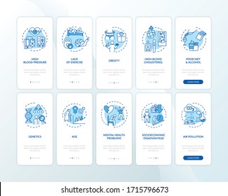 Cardiovascular Disease Risk Factors Onboarding Mobile App Page Screen With Concepts Set. Health Problems Cause Walkthrough 5 Steps Graphic Instructions. UI Vector Template With RGB Color Illustrations