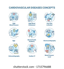 Cardiovascular diseases concept icons set. Heart illness, cardiac problems idea thin line RGB color illustrations. CVD symptoms and diagnostics. Vector isolated outline drawings. Editable stroke