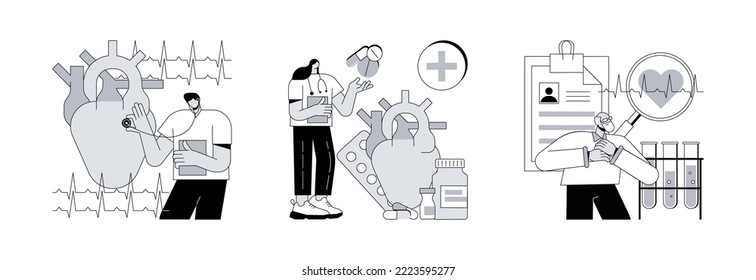 Cardiovascular illness abstract concept vector illustration set. Heart disease diagnosis and treatment, cardiac patient card, heartbeat rate and chest pain, stress test, hospital abstract metaphor.