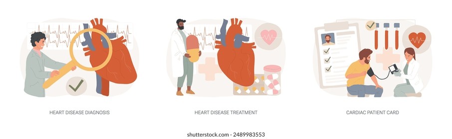Conjunto de Ilustración vectorial de concepto aislado de enfermedad cardiovascular. Diagnóstico y tratamiento de las cardiopatías, tarjeta del paciente cardíaco, frecuencia cardíaca y dolor torácico, prueba de esfuerzo, concepto de Vector hospitalario.