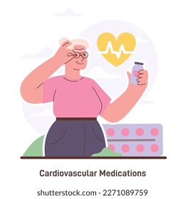 Cardiovascular medications. Cardiac disease prevention for seniors. Cardiovascular health and risk management. Healthcare and prophylactic measures. Flat vector illustration