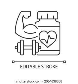 Cardiovaskuläre Ergänzungen für Sportler linearen Symbol. Cardio-Supplement zur Steigerung der Ausdauer. Dünne, anpassbare Illustration. Contour-Symbol. Vektor-einzelne Rahmenzeichnung. Bearbeitbarer Hub