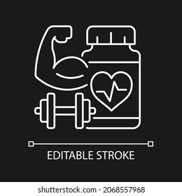 Complementos cardiovasculares para atletas icono lineal blanco para el tema oscuro. Complementos de entrenamiento. Ilustración personalizable de línea delgada. Símbolo de contorno vectorial aislado para el modo nocturno. Trazo editable