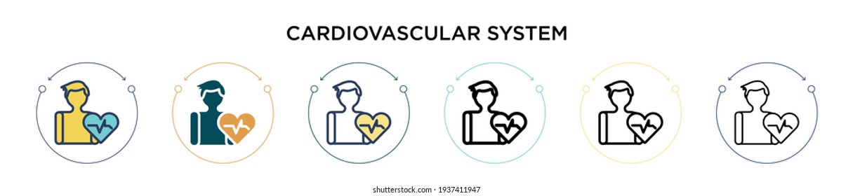Icono del sistema cardiovascular en el estilo de línea delgada, contorno y apoplejía. Ilustración vectorial de dos sistemas cardiovasculares de color y negro, los diseños de iconos vectoriales pueden utilizarse para móviles, ui, web
