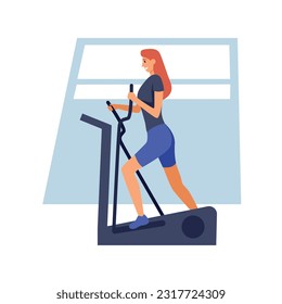 Cardiovascular training on exercise machine at gym. Joyful slim young woman working out on elliptical trainer in fitness room. Flat vector illustration