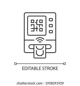 Cardless atm linear icon. Cardless withdrawals give opportunity to establish your identity. Thin line customizable illustration. Contour symbol. Vector isolated outline drawing. Editable stroke