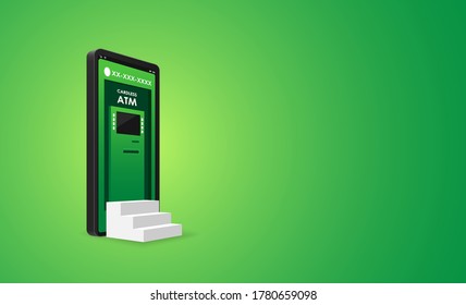 Cardless Withdrawal, Mobile Applications of online withdraw. concept of smartphone and ATM with copy space. Vector illustration