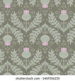 Cardoon thistle and dill flower seamless repeat vector pattern swatch.  Botanical Damask.  Faded flat colors.