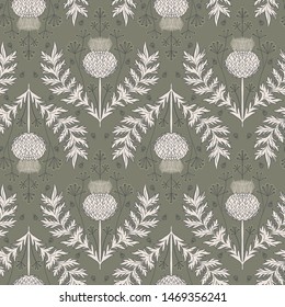 Cardoon thistle and dill flower seamless repeat vector pattern swatch.  Botanical Damask.  Faded flat colors.