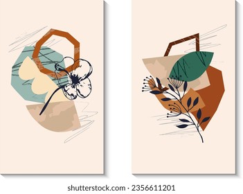 Cards with abstract illustrations. Set of decorative shapes and spots. Textures and ornamental plants. Vector. Templates for social media design, packaging, covers, cards, brochures and more.
