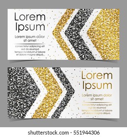Cards with arrows from gold, black silver confetti, sparkles, glitter and space for text on white background. Vector illustration. Elements for banner, design, logo, web, invitation, business, party.
