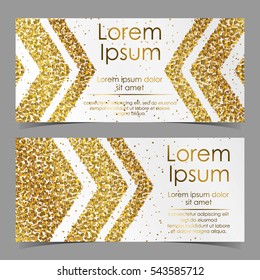 Cards with arrows from gold confetti, sparkles, glitter and space for text on white background. Vector illustration. Elements for banner, design, logo, card, web, invitation, business, party.