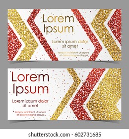Cards with arrows from gold and red confetti, sparkles, glitter and space for text on white background. Vector illustration.