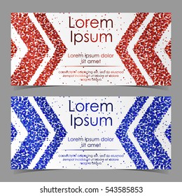 Cards with arrows from red and blue confetti, sparkles, glitter and space for text on white background. Vector illustration. Elements for banner, design, logo, card, web, invitation, business, party.