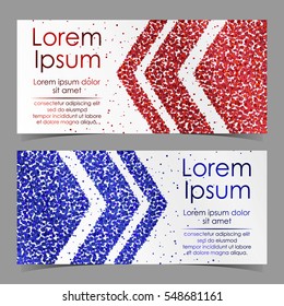 Cards with arrows from red and blue confetti, sparkles, glitter and space for text on white background. Vector illustration. Elements for banner, design, logo, web, invitation, business, party.