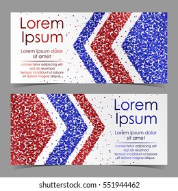 Cards with arrows from red and blue confetti, sparkles, glitter and space for text on white background. Vector illustration. Elements for banner, design, logo, web, invitation, business, party.