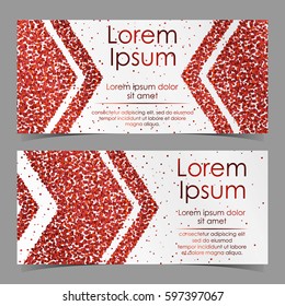Cards with arrows from red confetti, sparkles, glitter and space for text on white background. Vector illustration. Elements for banner, design, logo, web, invitation, business, party.