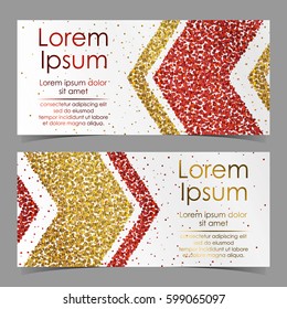 Cards with arrows from red and gold confetti, sparkles, glitter and space for text on white background. Vector illustration. Elements for banner, design, logo, web, invitation, business, party.