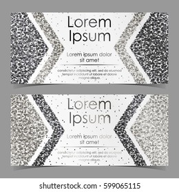 Cards With Arrows From Silver And Black Confetti, Sparkles, Glitter And Space For Text On White Background. Vector Illustration. Elements For Banner, Design, Logo, Web, Invitation, Business, Party.