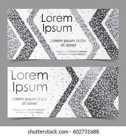 Cards with arrows from silver and black confetti, sparkles, glitter and space for text on white background. Vector illustration.