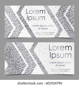 Cards with arrows from silver confetti, sparkles, glitter and space for text on white background. Vector illustration. Elements for banner, design, logo, web, invitation, business, party.