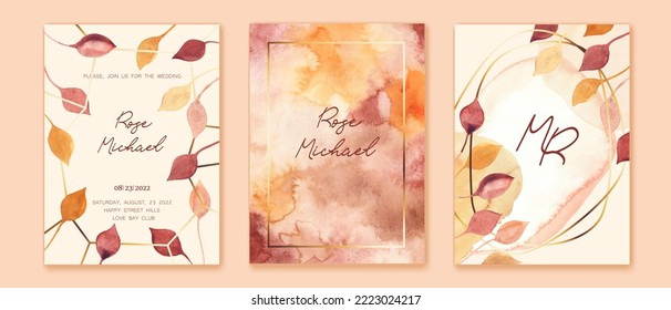 Cartas con hojas de otoño, texturas. Beige, naranja, rosa, hojas rojas, fondo acuático abstracto. Bodas, negocios, diseño de portadas.