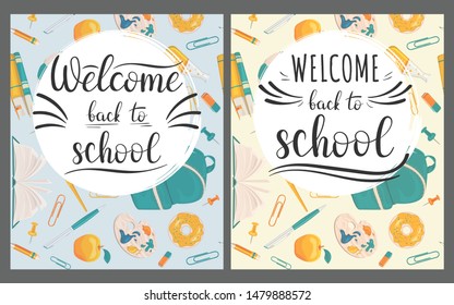 Cards Back to school. Flyers with the school equipment