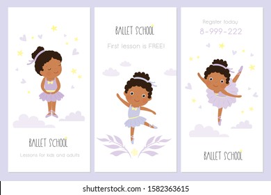 Cards or banner ballet school template. Dance studio flyer. Cartoon Little baby ballet dancer. Cute african american girls characters. Flat vector illustration