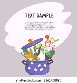 Cards or banner with vegetables cooking in kitchen pot, flat vector illustration. Food cooking, healthy eating and culinary banner.
