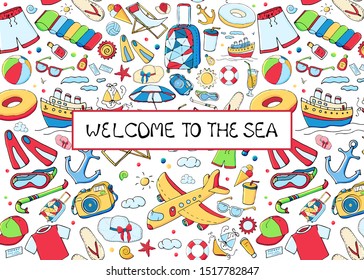 Cards or banners with colorful funny doodle summer symbols for a beach holiday and text message. Hand drawn sketch elements. Vector illustration for poster