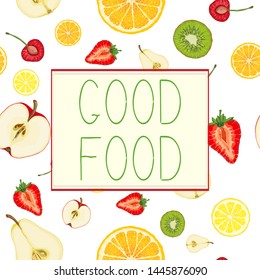 Cards or banners with colorful images of natural fruit slices and text message. Hand drawn sketch elements. Vector illustration for poster