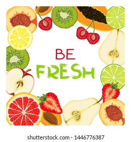 Cards or banners with colorful images of natural fruit slices and text message. Hand drawn sketch elements. Vector illustration for poster