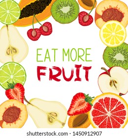 Cards or banners with colorful images of natural fruit slices and text message. Hand drawn sketch elements. Vector illustration for poster or season design