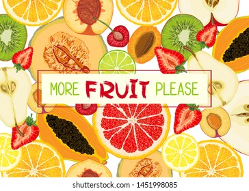 Cards or banners with colorful images of natural fruit slices and text message. Hand drawn sketch elements. Vector illustration for poster or season design