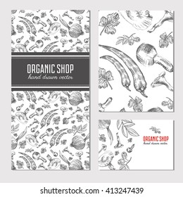 Cards, banners with hand drawn sketch vegetables, mushrooms, olive, peppers, onion isolated on white, vector seamless patterns for used in organic food industry, healthy market, restaurant menu