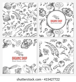 Cards, banners with hand drawn sketch vegetables, mushrooms, olive, peppers, onion isolated on white, vector seamless pattern for used in organic food industry, healthy market, restaurant menu