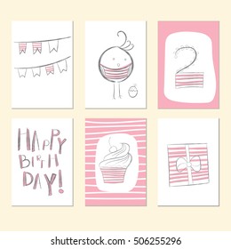 Cards for birthday for 2 year. Celebrating the birthday girl.  Cute set for a children's holiday gift card, bird card, cupcake card, card number, card design, card happi, children's card, baby card