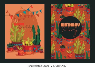 Cards for birthday party with cute home decorations, sketch style vector illustration