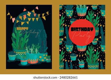 Cards for birthday party with cute home decorations, sketch style vector illustration