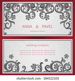 Cards with black curls on scroll work east style background. Place for text. Template frame design for labels. Contrast border. Wedding invitation and greeting card.Vector illustration. Save for date.