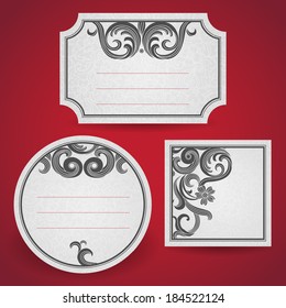 Cards with black curls on scroll work east style background. Place for text.Template frame design for labels. Contrast border. Wedding invitation and greeting card. Vector illustration. Save for date.